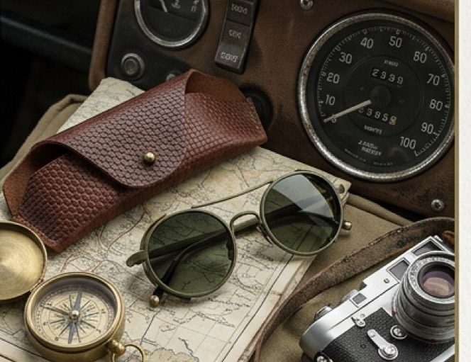 Frame Style 2 with its leather case on a map beside a compass and camera