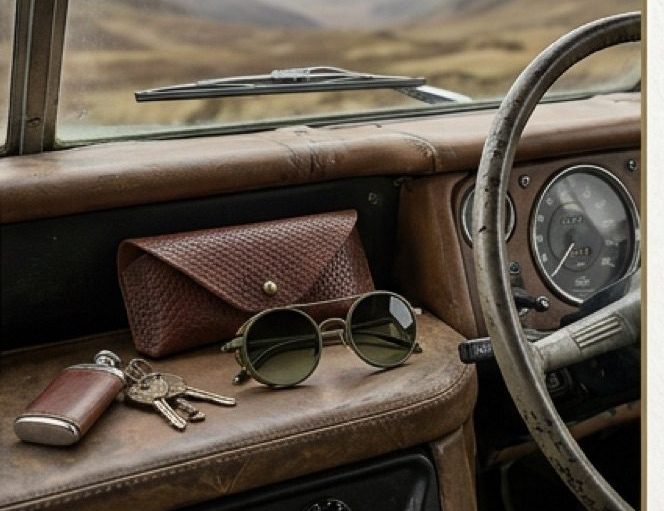 Frame Style 2 and the leather case on the dashboard of a vintage car